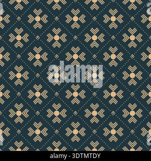 Luxurious ethnic geometric seamless pattern with gold chevron elements and dots on a dark blue background Stock Vector