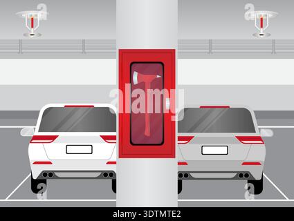 Fire Axe Box. Firefighter Axe Box installed on Pole in Parking Lot. Vector Illustration. Stock Vector
