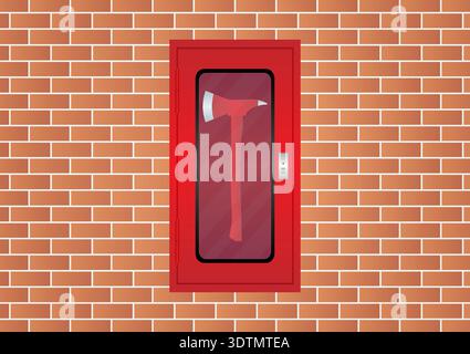 Fire Axe Box on Wall. Firefighter Axe. Vector Illustration. Stock Vector