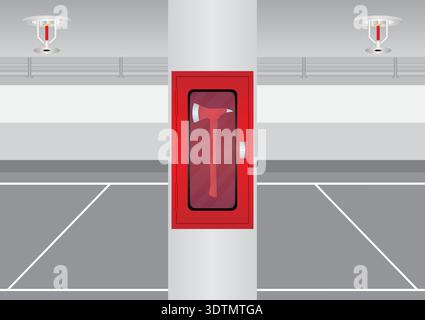 Fire Axe Box. Firefighter Axe Box installed on Pole in Parking Lot. Vector Illustration. Stock Vector