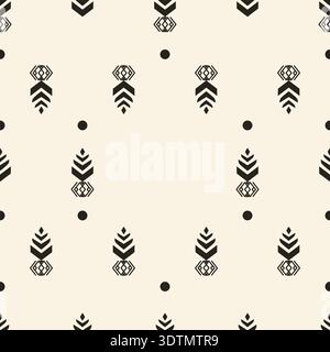 Simple monochrome seamless pattern featuring black abstract ethnic symbols and dots on a light cream background Stock Vector