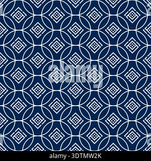 Seamless pattern in Japanese style featuring white overlapping circles and icons on dark blue indigo Stock Vector