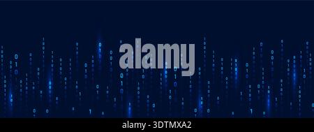 Binary code Rain. Blue matrix and abstract computer background. Technology and security in futuristic cyber space with depth and science fiction Stock Vector