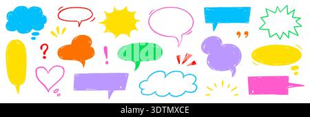 Speech crayon frame pastel set. Speech crayon frame hand drawn pencil line box bubble cloud background. Cartoon crayon chat doodle dialog painting texture sketch child design. Vector illustration. Stock Vector