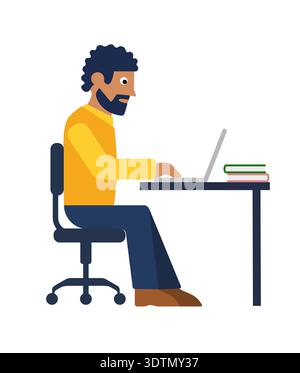 A bearded man in a casual yellow sweater sitting at a desk and working on a laptop. This side-profile illustration depicts a freelancer, blogger Stock Vector