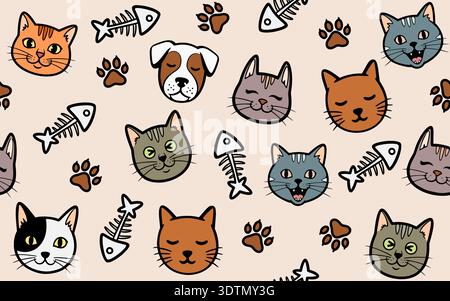 A playful and charming seamless pattern featuring various hand-drawn cat and dog expressions. Stock Vector