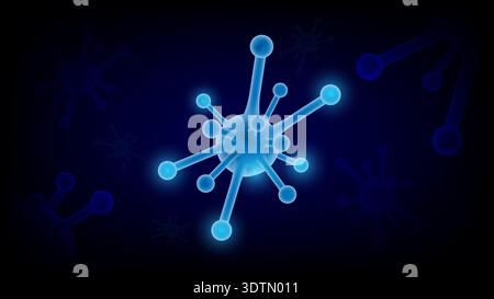 Abstract 3D blue virus-like structure glowing on dark background, representing microbiology, infection and digital health concept Stock Vector