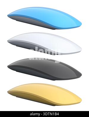 Set of wireless computer mice in various colors side by side isolated on white background, tech design concept. Stock Photo
