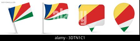 Set of Seychelles flag icons featuring waving flag and location markers. National symbol of Indian Ocean island country isolated on white background f Stock Vector