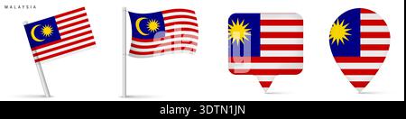 Malaysia national flag icons with waving flag and location marker symbols. Southeast Asian country emblem isolated on white background for geography a Stock Vector