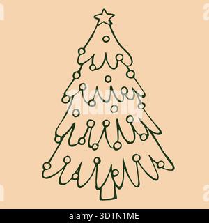 A beautifully decorated green Christmas tree adorned with colorful baubles and a star on top, set against a cream background. Stock Vector