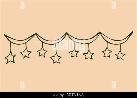 A green doodle-style star garland on a creamy background, whimsical and hand-drawn. Stock Vector