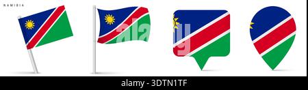 Namibia national flag icon set including waving flag and location marker symbols. Southern African country emblem isolated on white background for geo Stock Vector