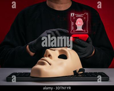 AI deepfake identity theft and facial recognition security risk concept. Cybersecurity threat with artificial intelligence face manipulation, biometri Stock Photo