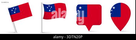 Samoa national flag icon set featuring waving flag and map marker symbols. Pacific island country emblem isolated on white background for geography an Stock Vector