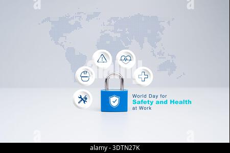 World Day for Safety and Health at Work concept with blue padlock and protection icons over global map. Workplace safety, occupational health awarenes Stock Photo