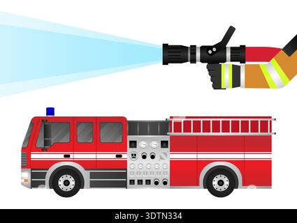 Fire Engine or Fire Truck and Fire Firefighter. Vector Illustration. Stock Vector