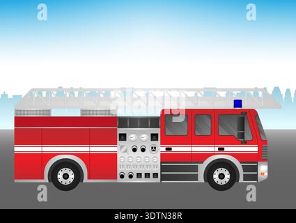 Fire Engine or Fire Truck Driving on the Road in the City. Vector Illustration. Stock Vector