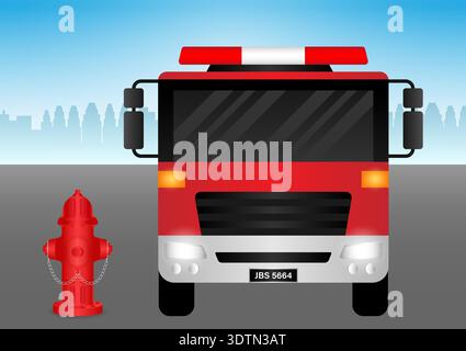 Fire Engine or Fire Truck and Red Fire Hydrant. Vector Illustration. Stock Vector