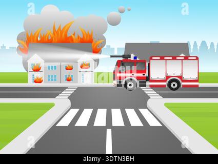 Fire Engine or Fire Truck Parked at Burning House or Burning Building. Vector Illustration. Stock Vector
