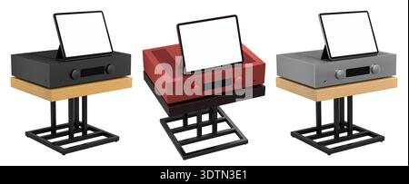 Set of colorful audio amplifiers with tablets on top, placed on modern black stands, isolated on white background. Stock Photo