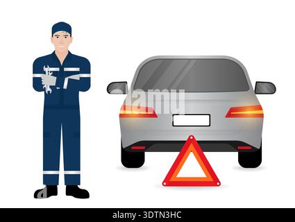 A Mechanic is Preparing to Fix Broke Down Car. Car Repairing and Maintenance Concept. Vector Illustration. Stock Vector