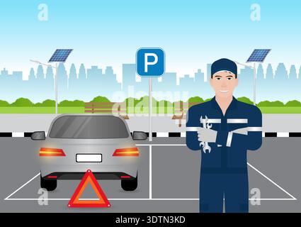 A Mechanic is Preparing to Fix Broke Down Car. Car Repairing and Maintenance Concept. Vector Illustration. Stock Vector