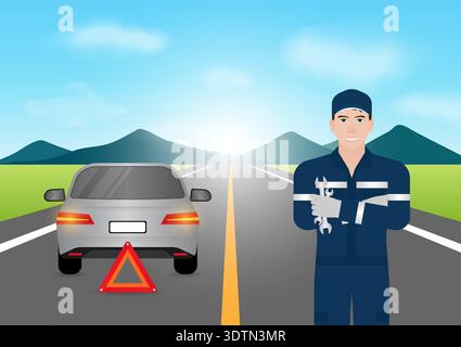 A Mechanic is Preparing to Fix Broke Down Car. Car Repairing and Maintenance Concept. Vector Illustration. Stock Vector