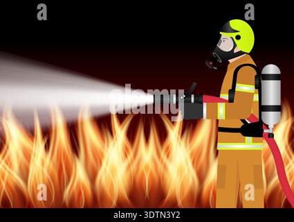 Firefighter Spraying Water to Extinguish Fire Flame. Vector Illustration. Stock Vector