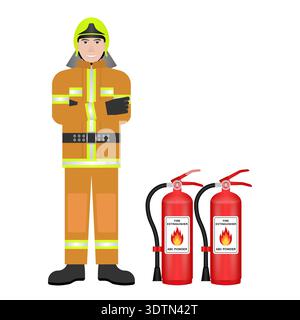 Firefighter with Fire Extinguisher. Vector Illustration Isolated on White Background. Stock Vector