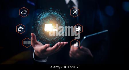 Smart logistics, supply chain management. Businessman use digital interface control global distribution, from factory to warehouse to customer. Techno Stock Photo