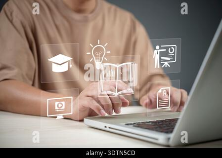 E-learning technology skill development, online education course. Student learning on laptop with virtual icons: webinar, knowledge, certificate. Grad Stock Photo