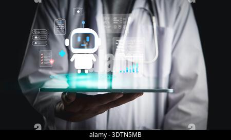 Healthcare medical innovation AI technology concept. Doctor using tablet virtual reality. Robot chatbot assistant analyze patient data. Future digital Stock Photo