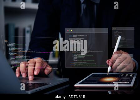 Software developer programming python code for AI. Web development with HTML and cybersecurity for data protection. Programmer working on futuristic v Stock Photo