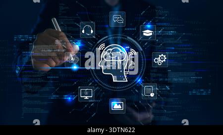 Man touching virtual screen with AI, machine learning icons. Chatbot, NLP, data automation technology for business. Digital brain concept futuristic d Stock Photo