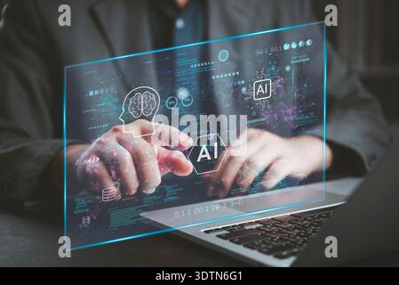Man coding AI laptop with futuristic virtual dashboard. Analyzing data, developing software with machine learning and neural network icons. Digital tr Stock Photo