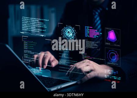 Developer coding on laptop with AI data analysis on virtual screen. Futuristic interface shows cybersecurity graphs, software development, big data. T Stock Photo