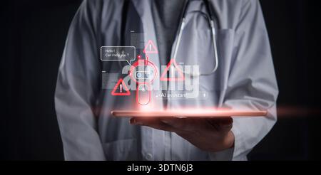 Doctor holds tablet AI assistant chatbot showing error. Medical technology displays virtual error warnings, critical alerts. Healthcare system failure Stock Photo