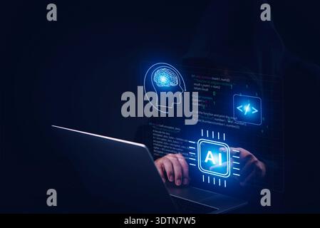 Hacker using laptop with AI and coding interface, illustrating artificial intelligence, cybersecurity risk, deep learning, and technology concept of d Stock Photo
