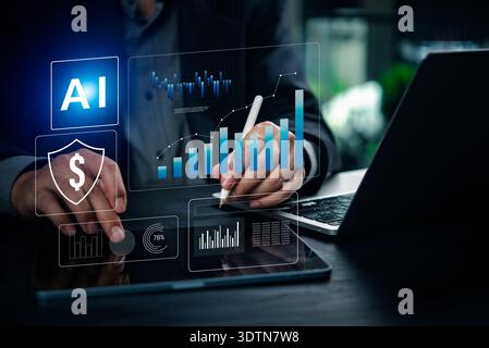 Businessman analyzing financial data with AI technology on tablet, showing virtual charts, money security, and digital finance innovation for investme Stock Photo
