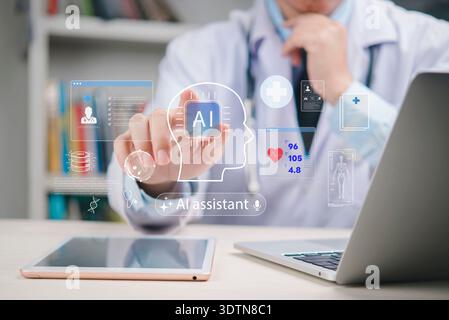 AI assistant in healthcare with doctor using digital technology, futuristic interface, and medical data for online diagnosis, innovation, and patient Stock Photo