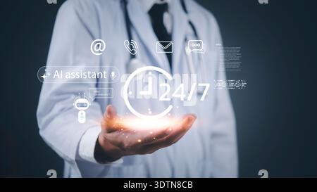 Doctor offering 24/7 AI assistant support with digital healthcare technology, medical chatbot, and online consultation service for patient care and in Stock Photo