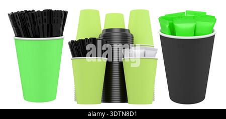 Set of takeaway coffee cups with plastic lids, stirrers, and sugar sachets isolated on white background. Concept of beverage service Stock Photo