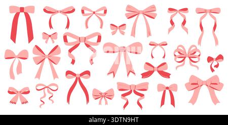Set of pink, red and white bows, gift ribbons. Handwriting and hand drawn ribbon, ties, ribbons, and hair bows. Flat style Ideal for cards, packaging Stock Vector
