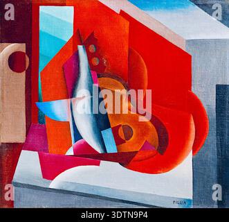 Fillìa (Luigi Colombo) - (1904-1936) - Plastic Values of Objects - 1928 - Exemplifies the Futurism movement, focusing on dynamic forms, geometric shapes, and a bright red, orange, and blue color palette. Stock Photo