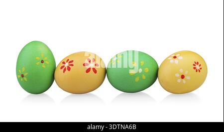 Multi colored easter eggs with handmade flowers isolated on white background Stock Photo