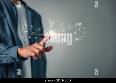 Touching the virtual AI brain represents digital technology system development, innovation and strategy for analyzing business, showcasing future digi Stock Photo