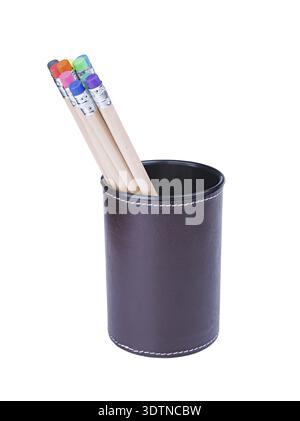 Several pencils with erasers different colours in a cup isolated on white background Stock Photo