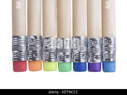 Several pencils with erasers different colours isolated on white background Stock Photo