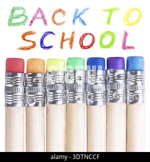 Several pencils with erasers different colours isolated on white background Stock Photo